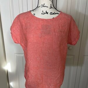 L.L. Bean Women's L Orange Linen Short Sleeve Pocket Blouse Shirt Relaxed Fit